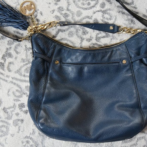Michael KORS navy blue MEGAN Crossbody shoulder SLOUCH handbag LEATHER gold - Picture 13 of 15